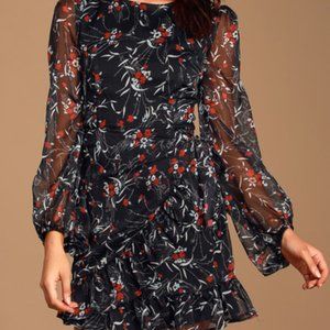 Black Floral Print Chiffon Mini Dress